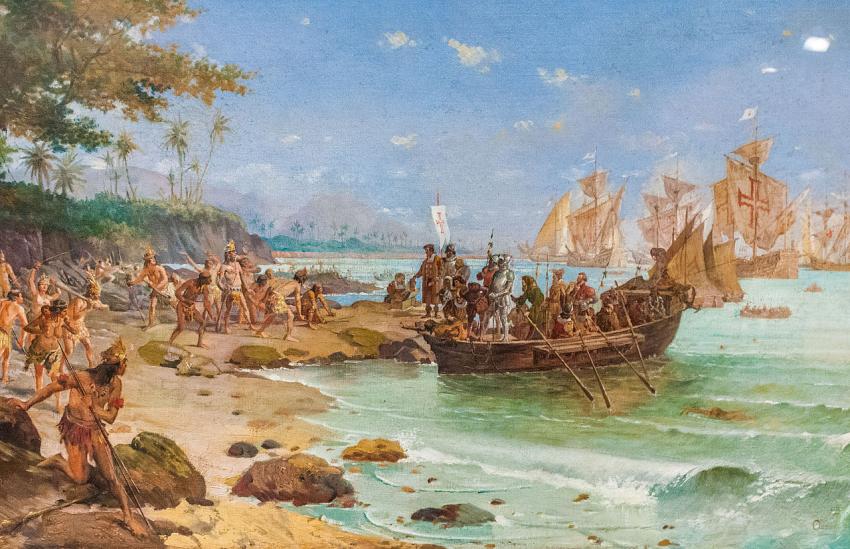 O Descobrimento (Desembarque de Cabral em Porto Seguro - Óleo sobre tela de Oscar Pereira da Silva em 1904) Foto-Dominio Público